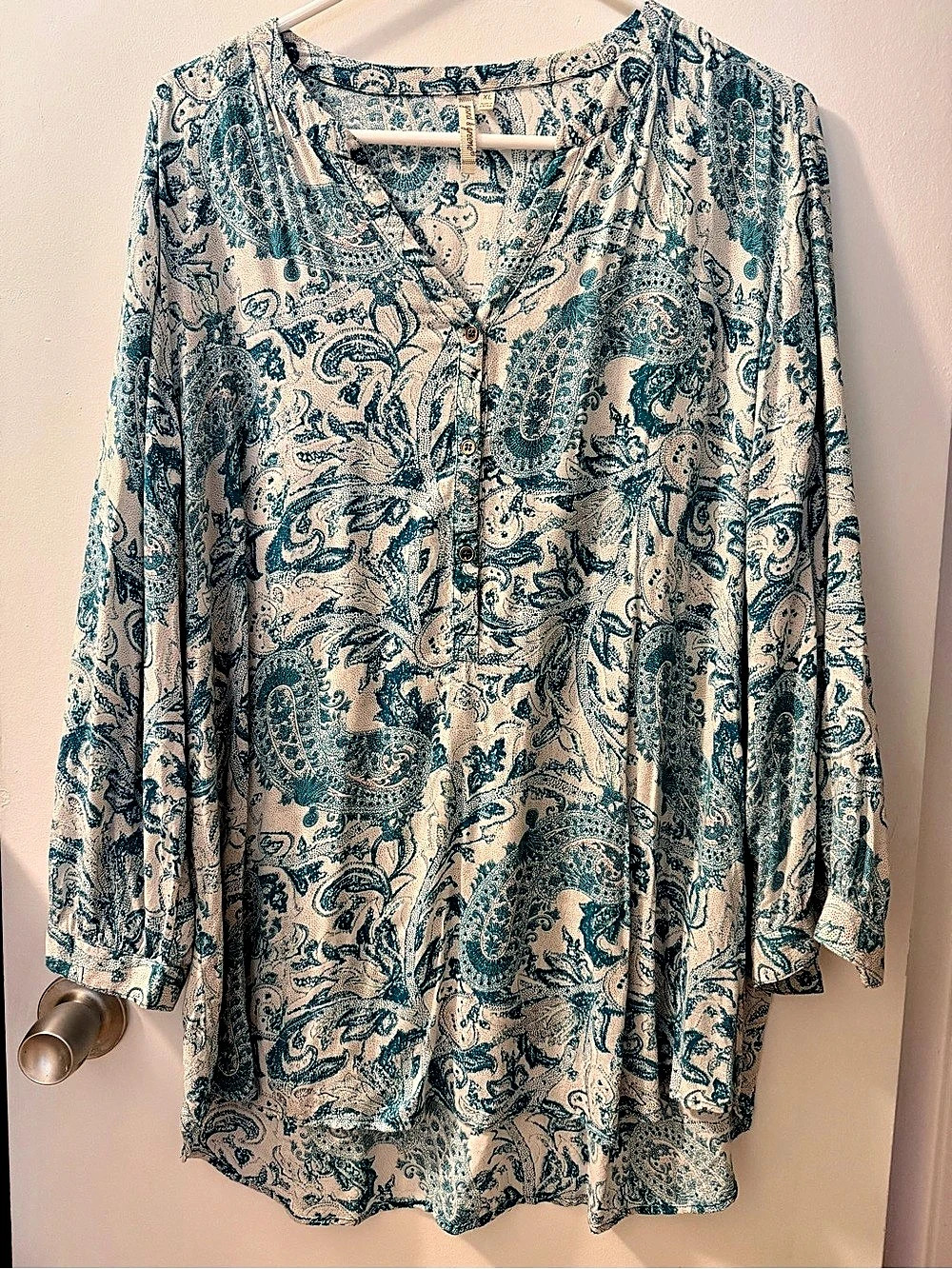 Paisley Tunic Top XL Teal Blue Boho 100% Rayon
